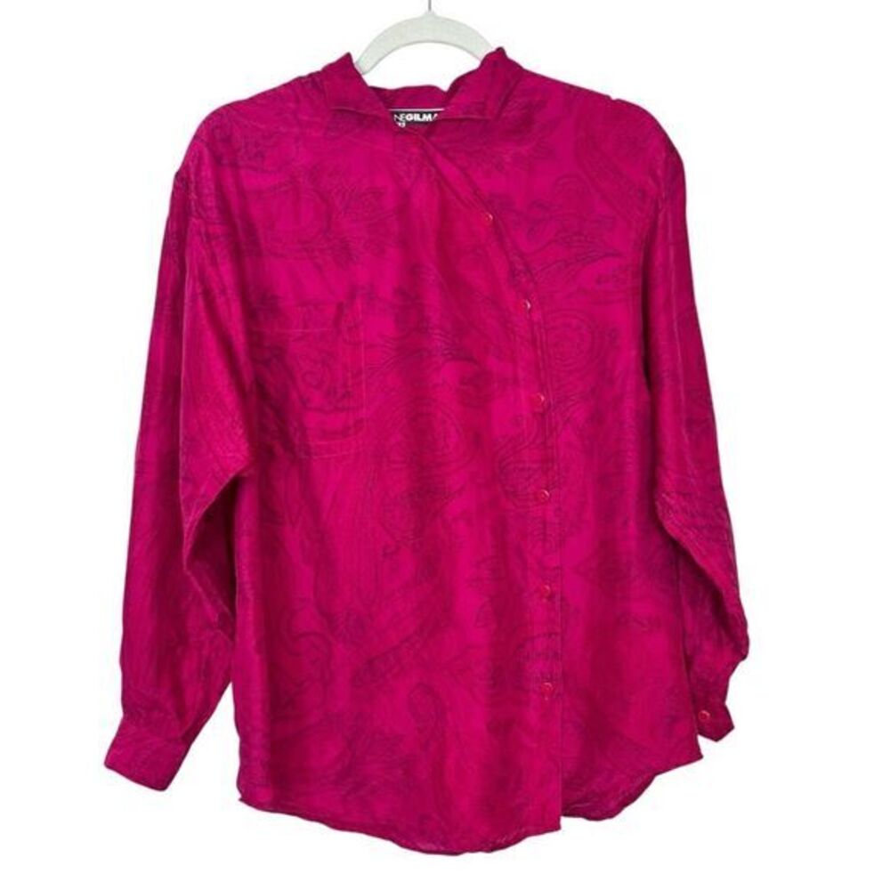 Vintage Silk Blouse Diane Gilman Shirt Womens Small P Pink Long Sleeve Button Up